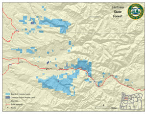 The blue areas of the map denote lands within the Santiam State Forest. An annual state report shows that forest operations benefited surrounding counties to the tune of $6.7 million in fiscal year 2022. 