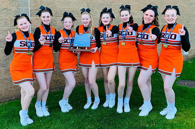 The Scio High cheerleading squad took first place in its class at the state meet. From left are Kaylee Harris, Khloe Free, Landie Winans, Lillith Androes, Marissa Donner, Josie Hirschfelder, Addie Traeger and Noora Holm. Submitted
